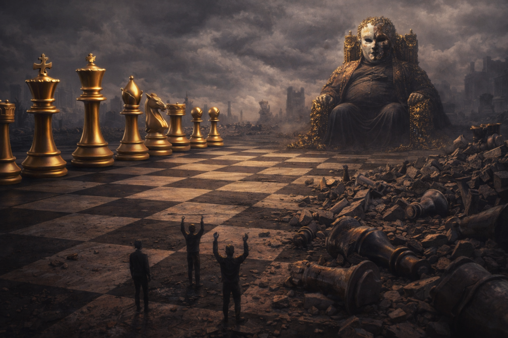 Image of an abtract two faced charater who thinks the have control over the world and wallows in materialism, power and ego to the detriment of others, reflecting the message of the poem 'Two Face' written by Joanna Long, Echoes In Ink