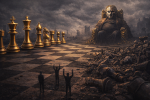 Image of an abtract two faced charater who thinks the have control over the world and wallows in materialism, power and ego to the detriment of others, reflecting the message of the poem 'Two Face' written by Joanna Long, Echoes In Ink