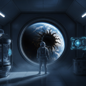 Image of a lone astronaut inside a deep space ship, looking through a large circular porthole window at Earth in the distance. The planet is visibly dying, a vast, dark, irregular blemish covers much of its surface, unlike any natural storm, with jagged edges and a deep, impenetrable centre. The ship interior is cold and clinical, lit by dim blue lighting, with a cryo chamber visible in the background and a soft holographic AI display glowing nearby. The mood is silent, isolated and deeply melancholic.