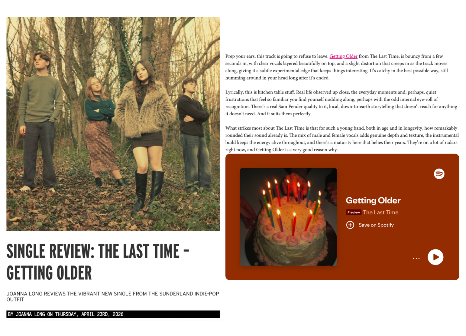 Review article of 'Gettign Older' by The Last Time, by Joanna Long for NARC Magazine April 2026 edition