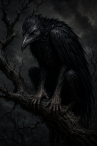 AI generated image of a hybrid crow / human form sitting in a gnarly tree, denoting the sinister and evil ways that crows can have, and that I had observed, which become the inspiration to this poem, by Joanna Long