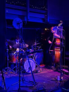 Photo of Ben Erlich (drums) and Graydon Peterson (double bass) of Davina and the Vagabonds at Cluny 2 Newcastle May 20206, reviewed by Joanna Long of Echoes In Ink