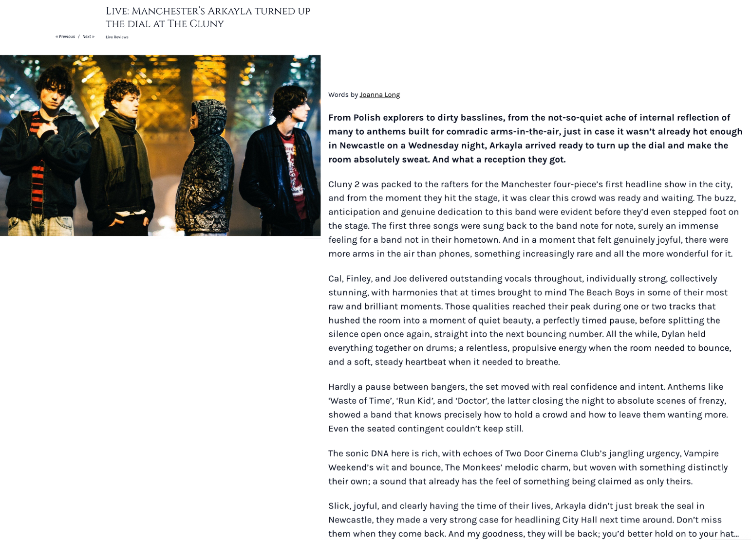 Live gig review for Arkayla at Cluny 2, Newcastle, for online publication 'music for the misfits' written by Joanna Long of Echoes In Ink