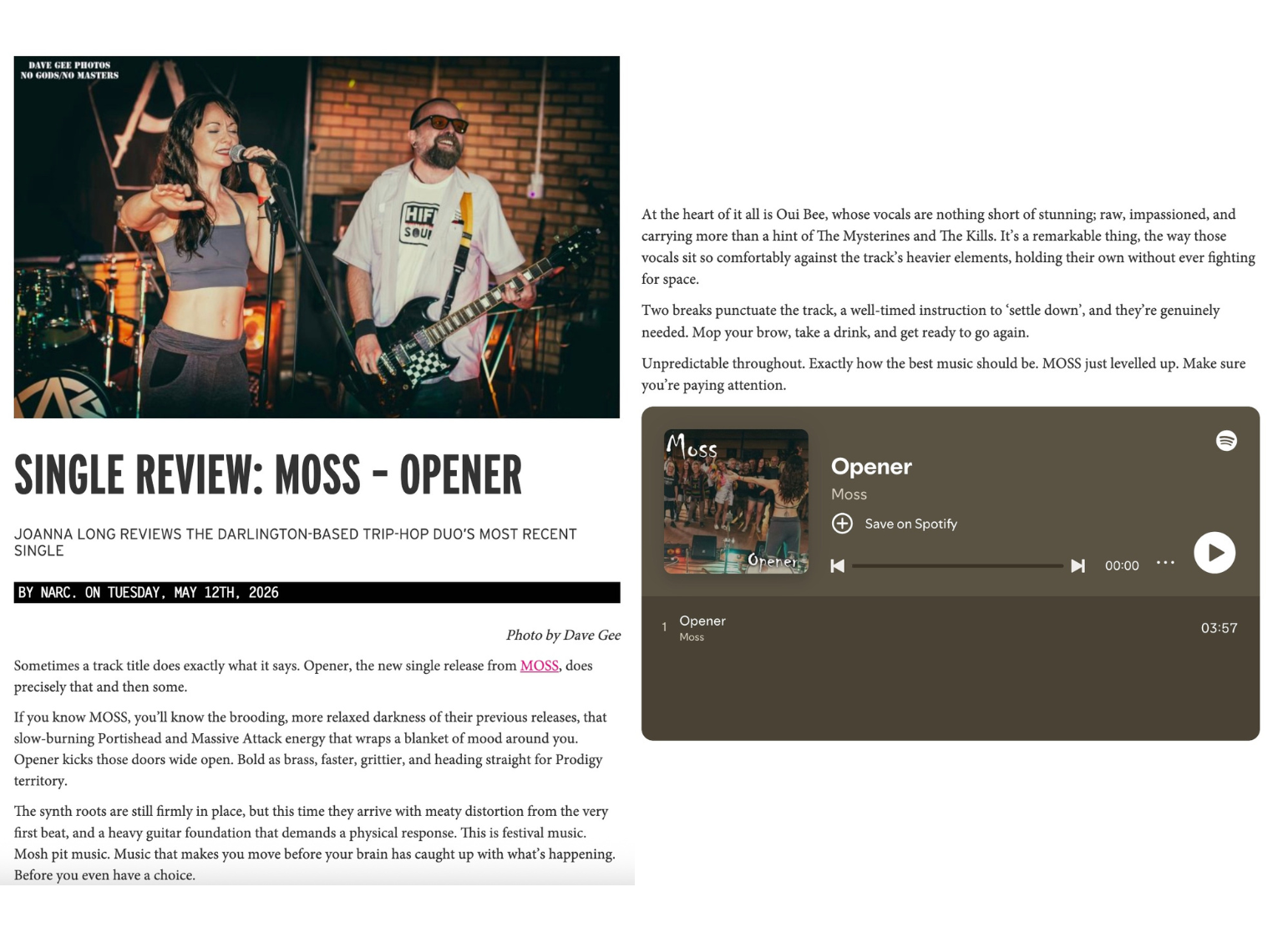 Review of latest single, Opener, by MOSS, written by Joanna Long of Echoes In Ink for NARC Magazine