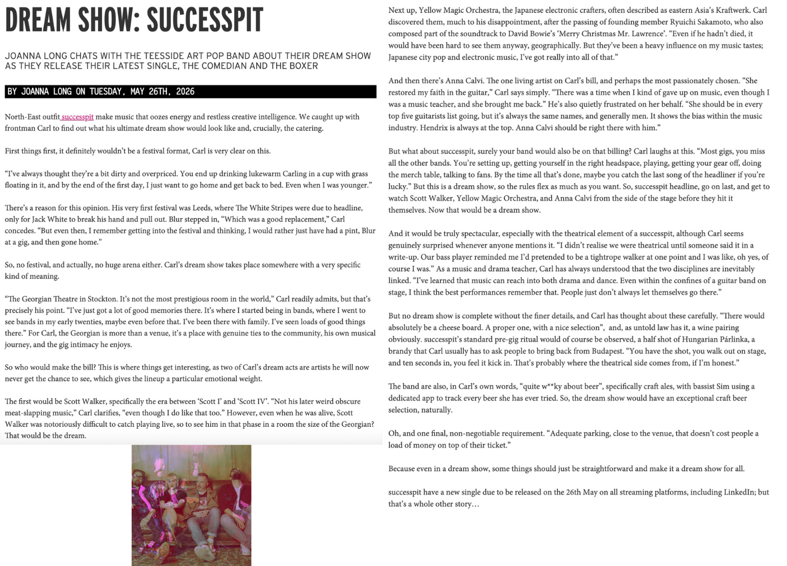 Feature Article with north east band 'successpit' written by Joanna Long of Echoes In Ink for NARC Magazine