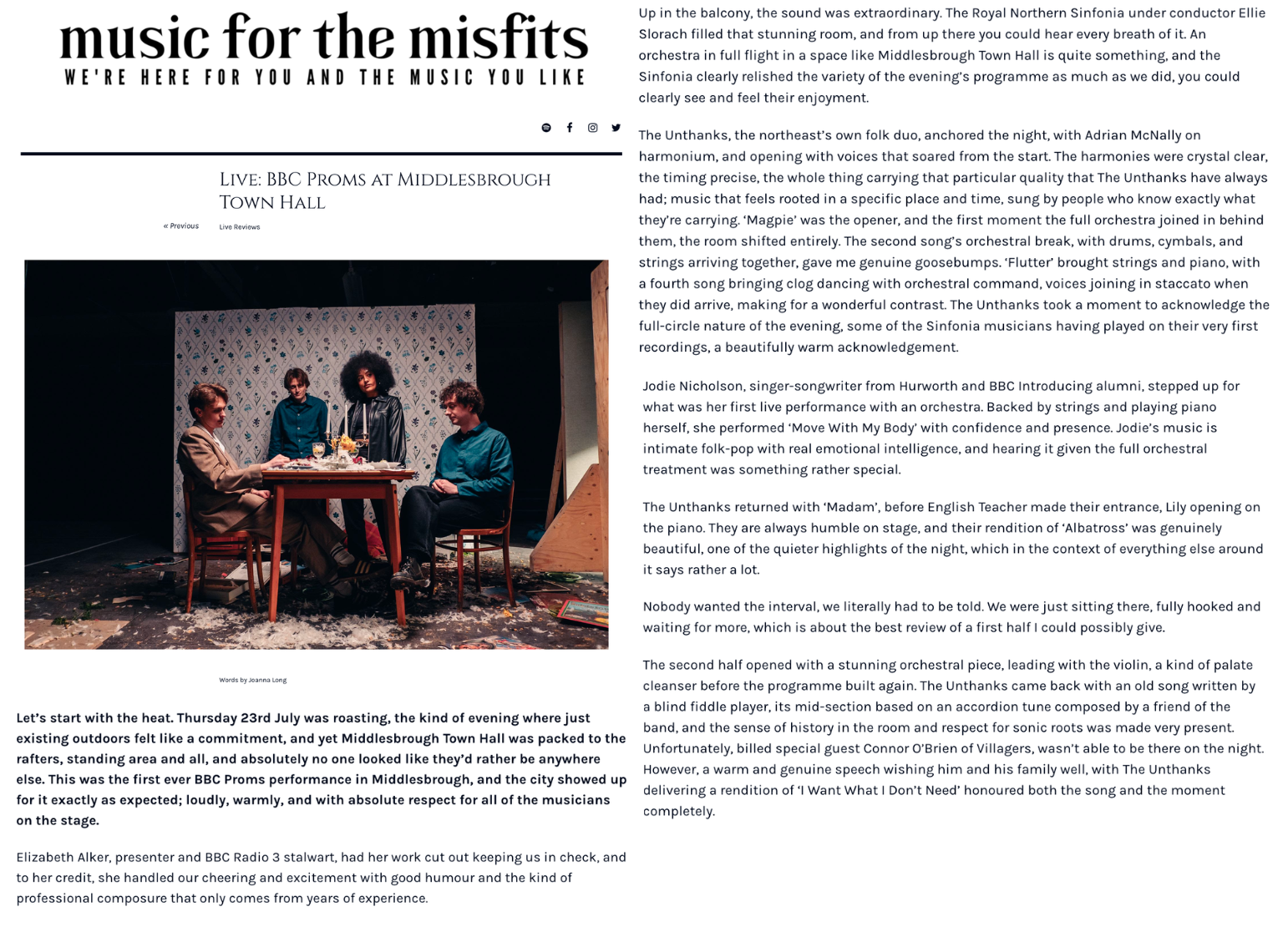 Screenshot of Joanna Long's review of the BBC Proms event in Middlesbrough July 2026 for publication Music for the Misfits