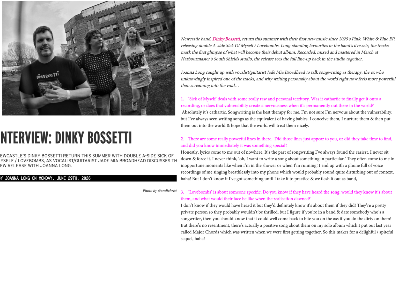Dinky Bossetti Interview with Joanna Long for NARC Magazine