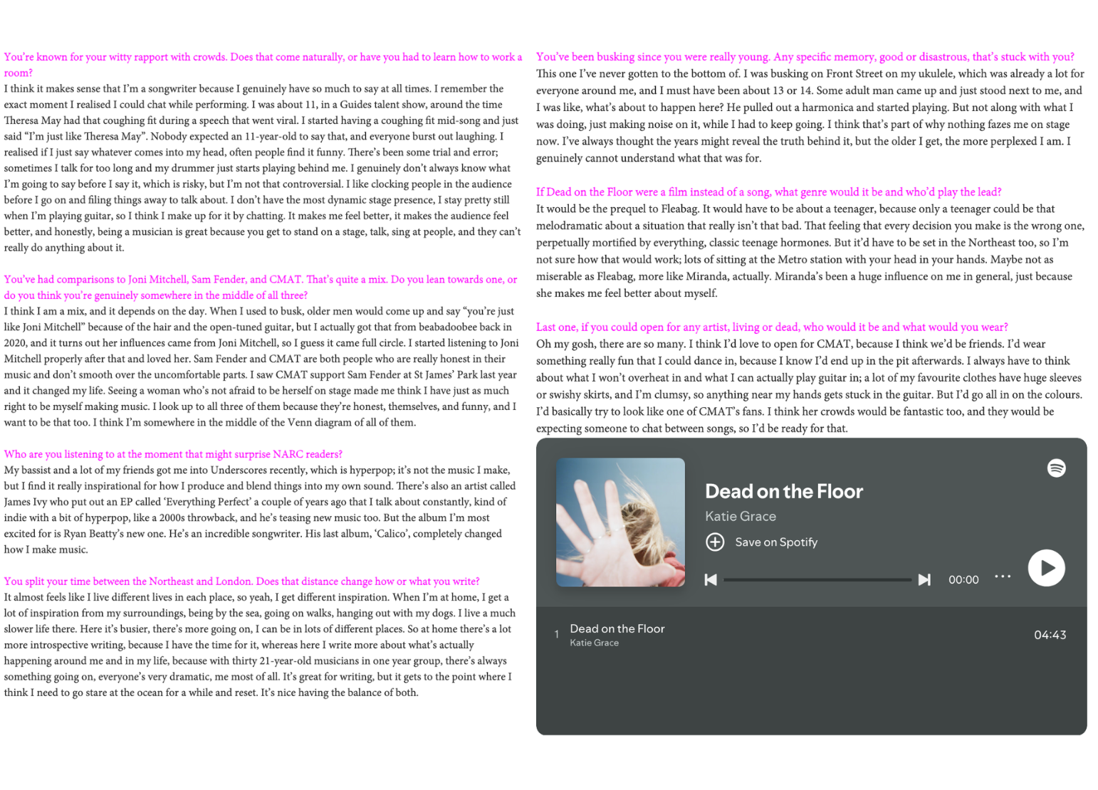 A screenshot of Joanna Long's interview with Jatie Grace, emerging musician, for NARC Magazine