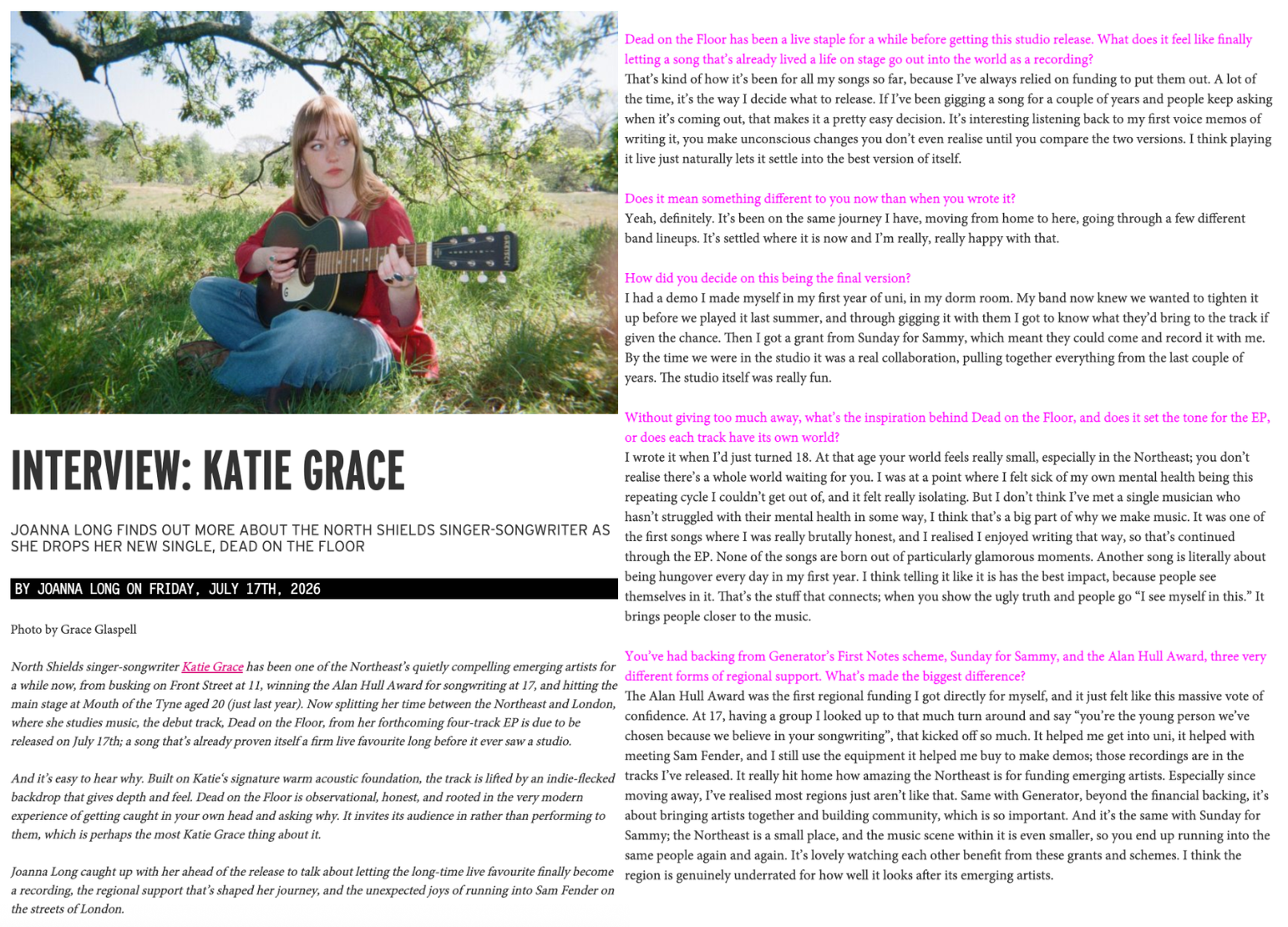 A screenshot of Joanna Long's interview with Jatie Grace, emerging musician, for NARC Magazine