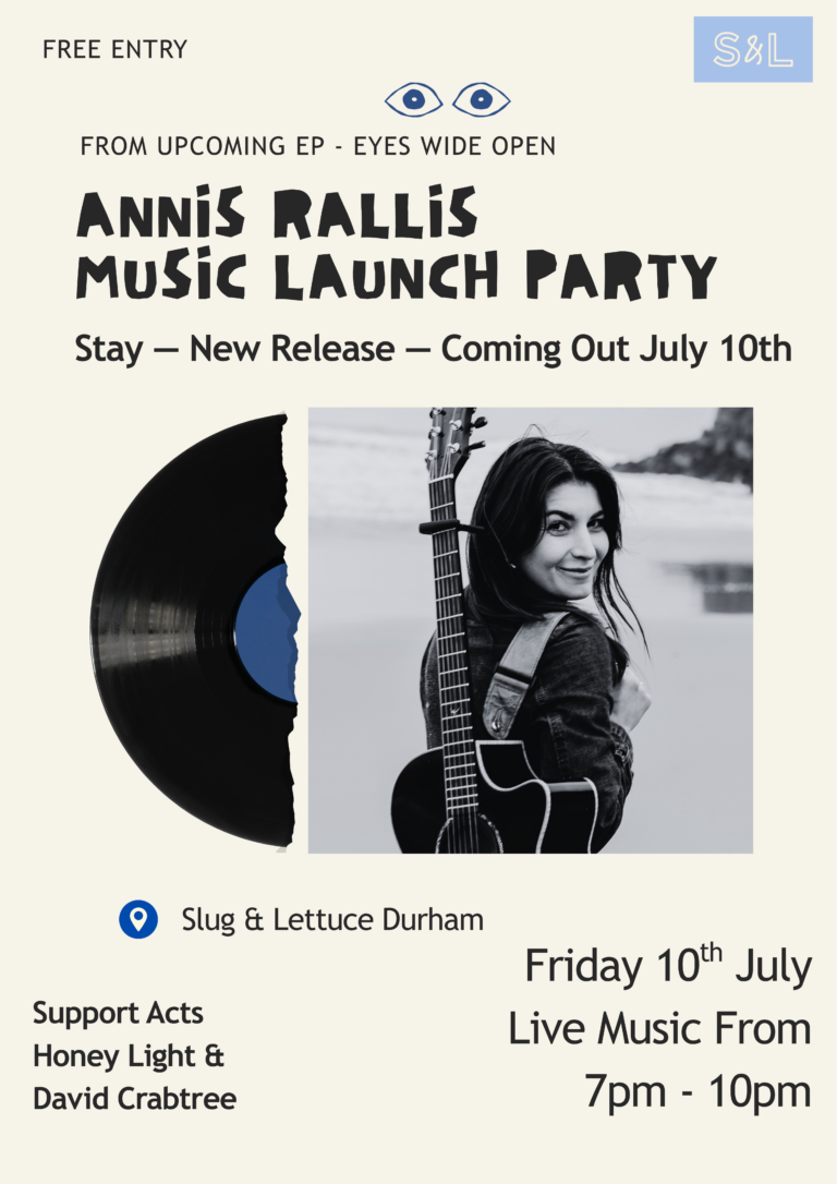 Poster for the launch party for 'Stay' by Annis Rallis, at the Slug and Lettuce in Durham, on the 10th of July 2026.