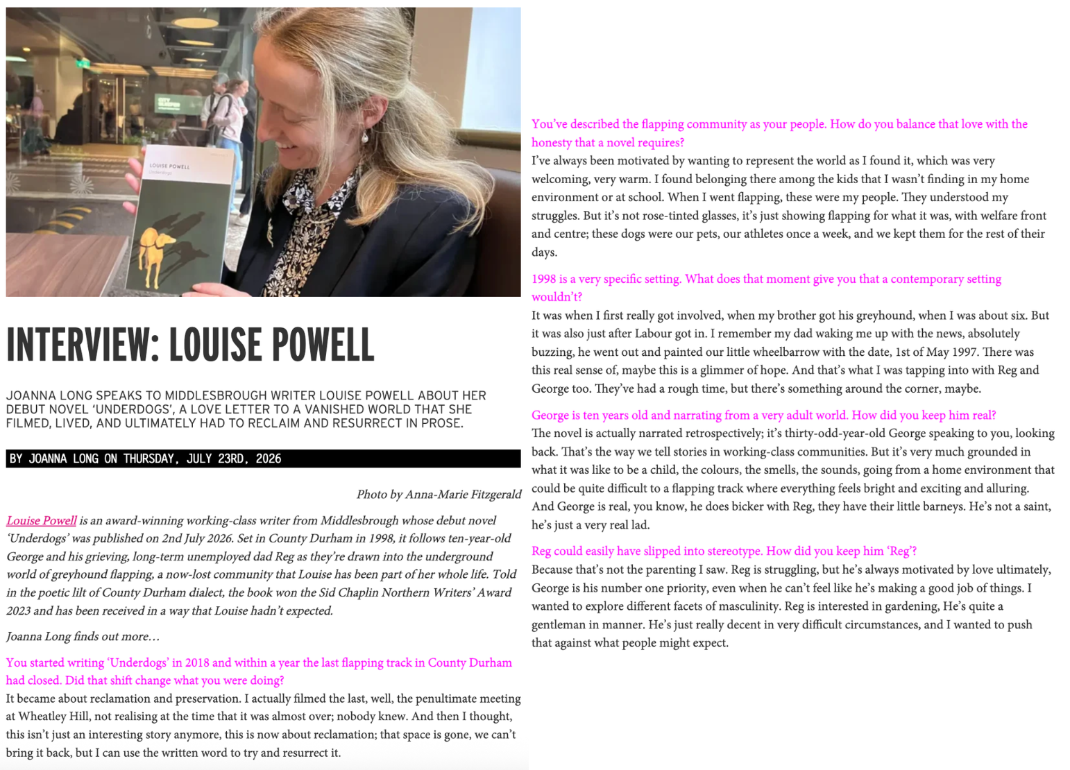A screenshot of Joanna Long's interview with Louise Powell, author of 'Underdogs', for NARC Magazine