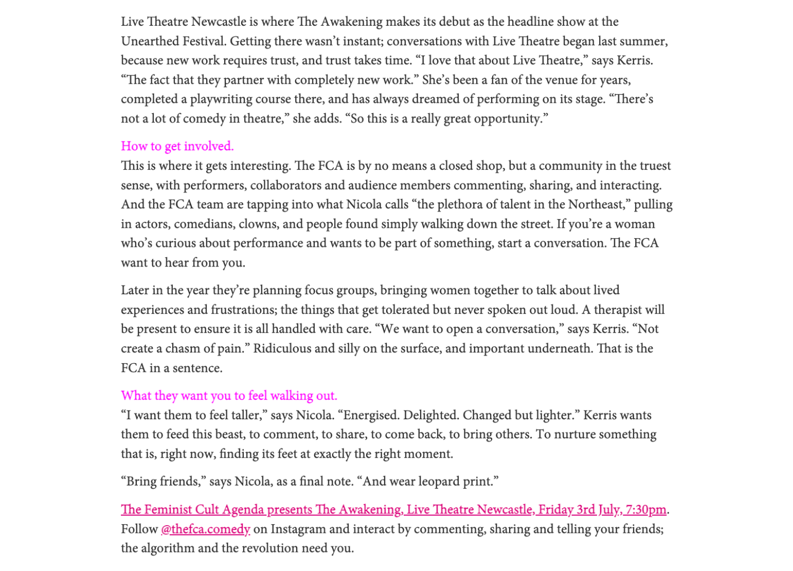 Scene Spotlight feature for NARC Magazine with The Feminist Cult Agenda, by Joanna Long