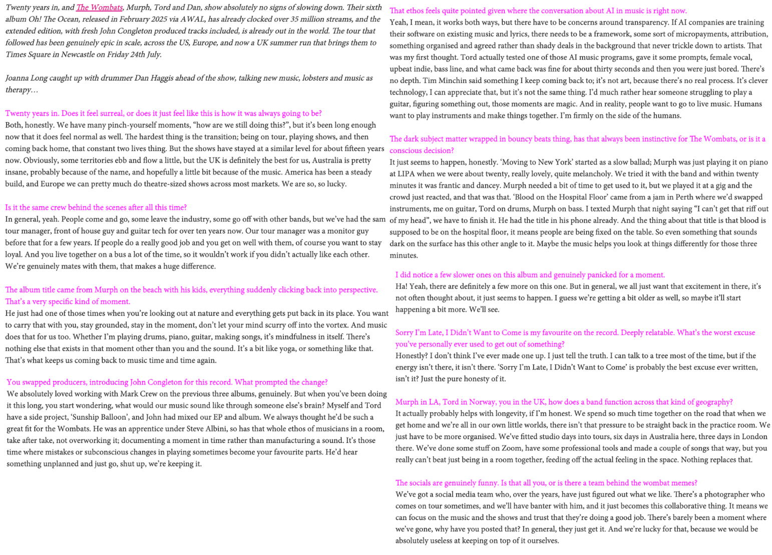 A screenshot of Joanna Long's interview with Dan Haggis, drummer of The Wombats, ahead of their live gig in Newcastle, mid way through their 'Oh! The Ocean' tour
