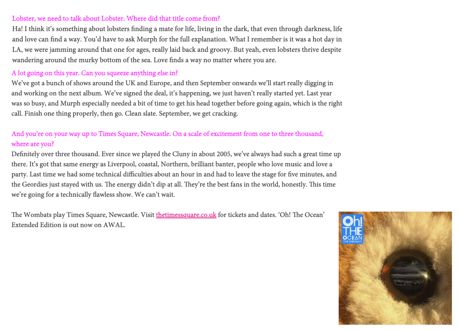 A screenshot of Joanna Long's interview with Dan Haggis, drummer of The Wombats, ahead of their live gig in Newcastle, mid way through their 'Oh! The Ocean' tour