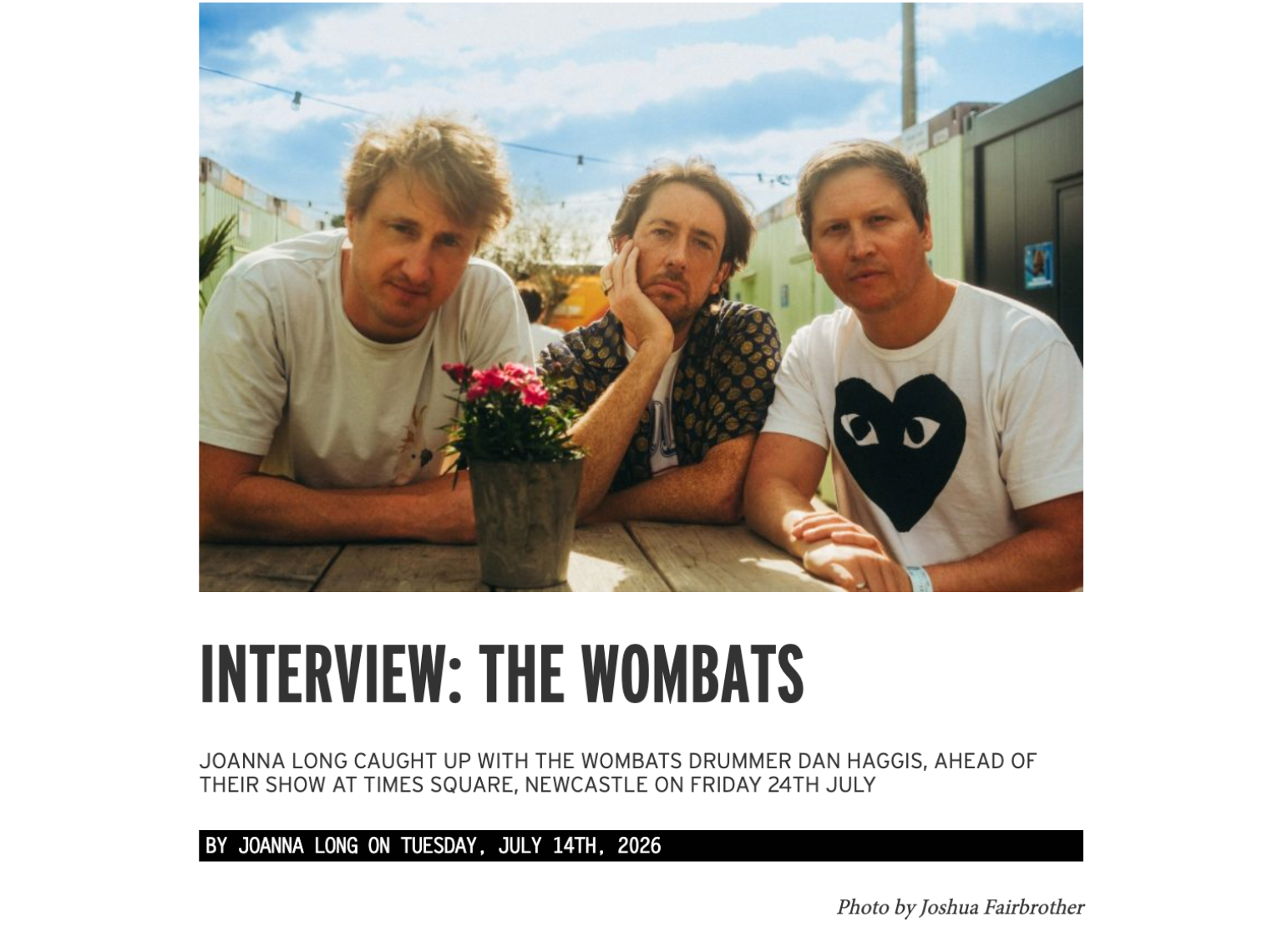 A screenshot of Joanna Long's interview with Dan Haggis, drummer of The Wombats, ahead of their live gig in Newcastle, mid way through their 'Oh! The Ocean' tour