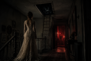 AI Generated image that denotes a bridge with her back to the viewer, a step ladder coming from the ceiling and an eerie red lit room in front to reflect a scene from the liminal tale writting by Joanna Long as part of a writing group challenge.